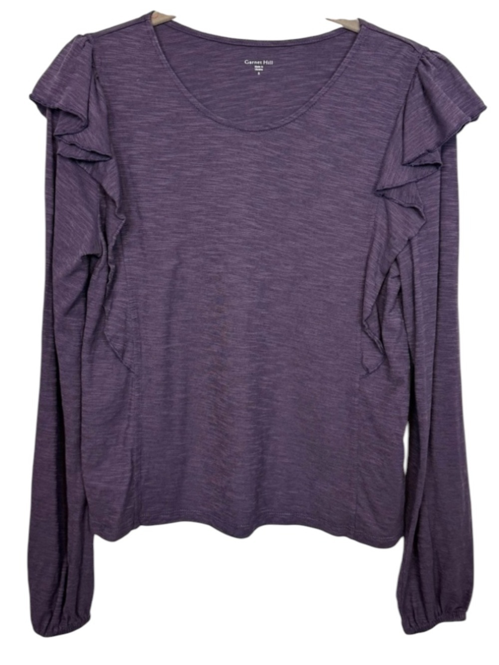 Garnet Hill Heathered Plum Ruffle-Accent Long Sleeve Tee